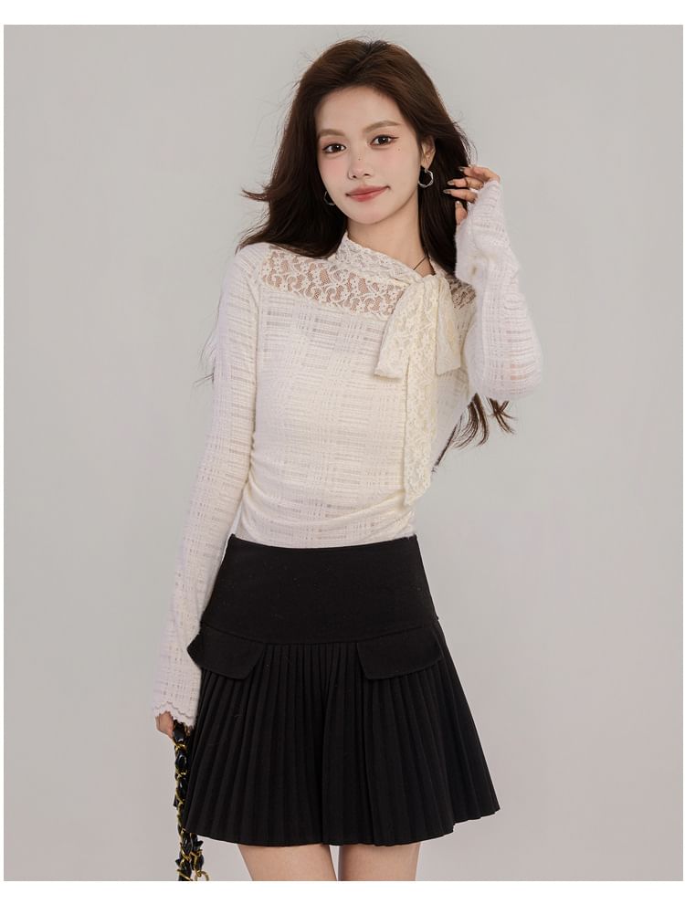 Mock Neck Lace Panel Ruched Long-Sleeve Top