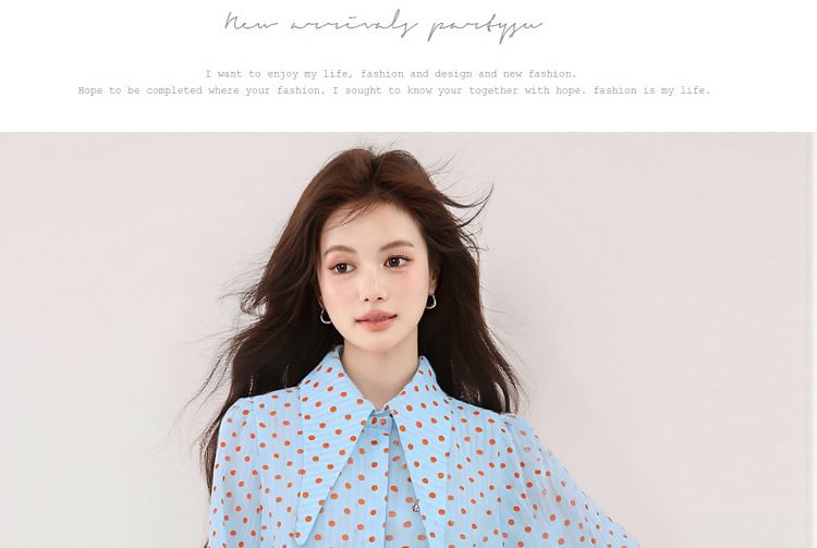 Polka Dot Pointed Collar Long-Sleeve Blouse