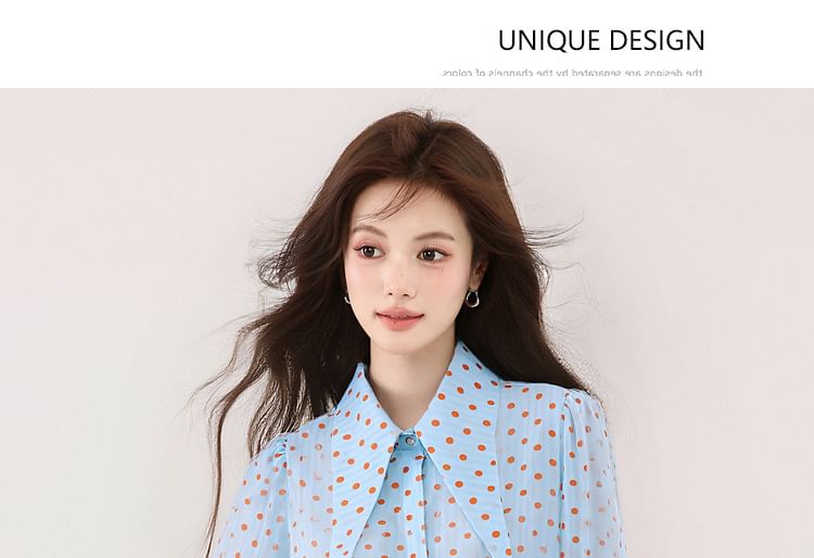 Polka Dot Pointed Collar Long-Sleeve Blouse