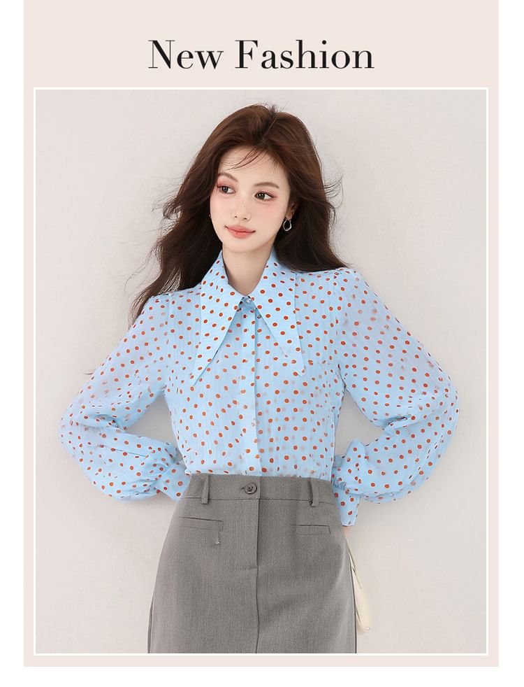 Polka Dot Pointed Collar Long-Sleeve Blouse