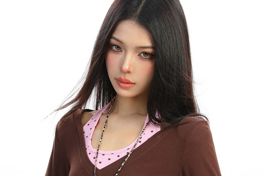 Halter Neck Polka Dot Frill Trim Long-Sleeve Tee