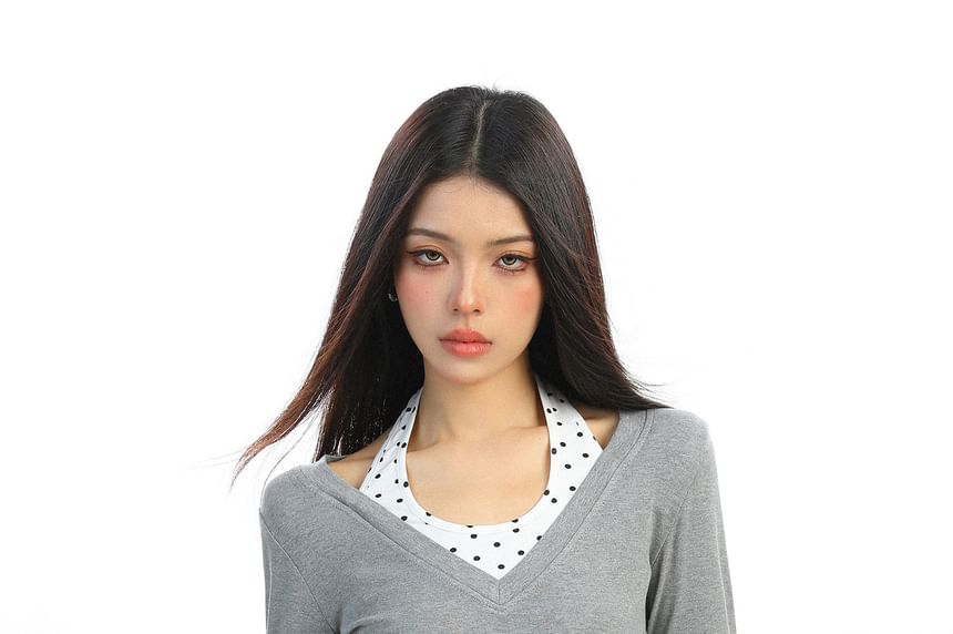 Halter Neck Polka Dot Frill Trim Long-Sleeve Tee