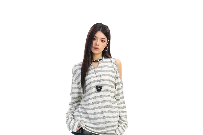 Notch Neck Cold Shoulder Striped Buckle Tee
