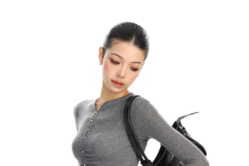 Notch Neck Rhinestone Accent Ruched Long-Sleeve Tee