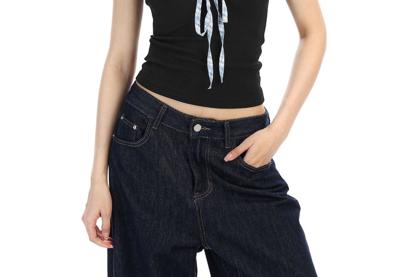 Off-Shoulder Plaid Frill Trim Tie-Front Crop Top