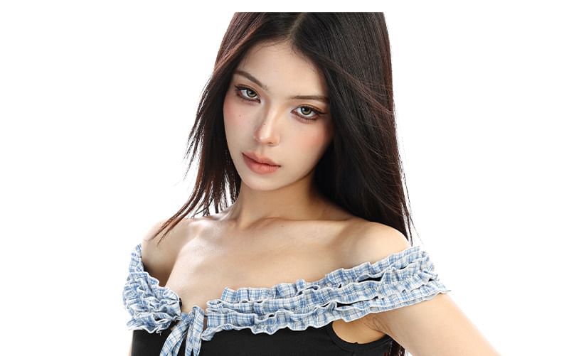 Off-Shoulder Plaid Frill Trim Tie-Front Crop Top