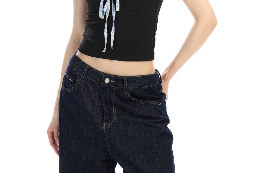 Off-Shoulder Plaid Frill Trim Tie-Front Crop Top