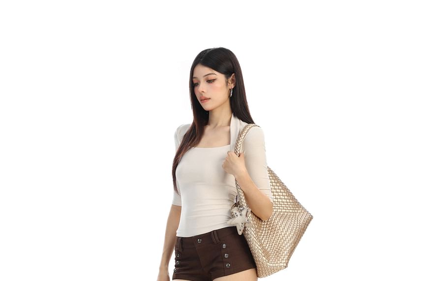 Square Neck Slim-Fit Cropped Tee with Three-Quarter Sleeves
