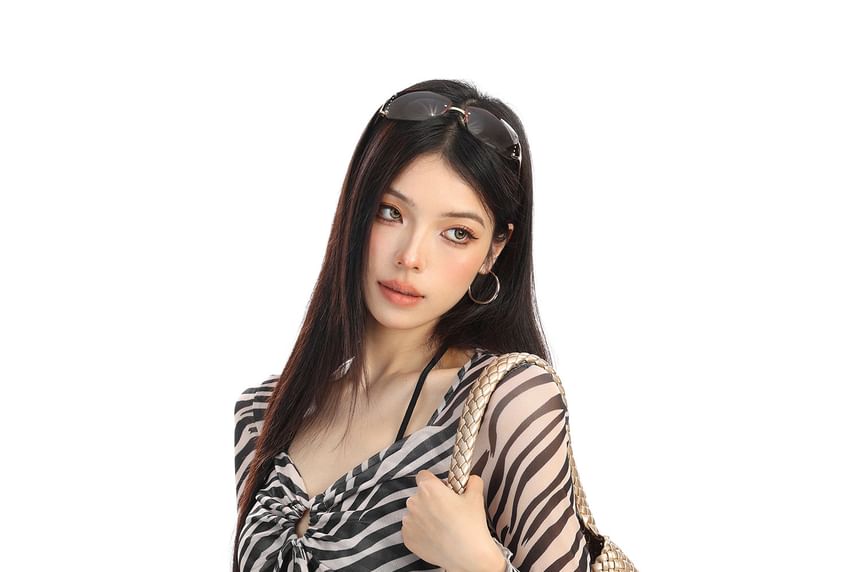 Zebra Print V-Neck Cropped Long Sleeve Tie-Front Top