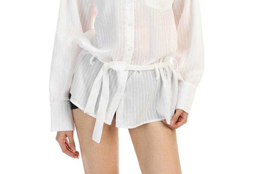 Collared Striped Tie-Waist Long-Sleeve Blouse