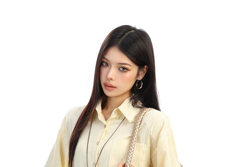 Collared Striped Tie-Waist Long-Sleeve Blouse