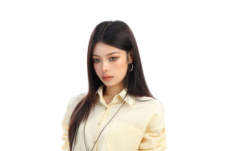 Collared Striped Tie-Waist Long-Sleeve Blouse