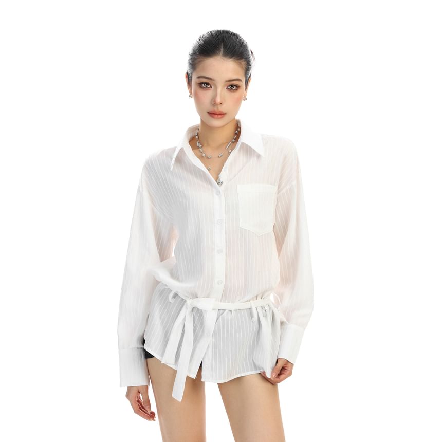 Collared Striped Tie-Waist Long-Sleeve Blouse