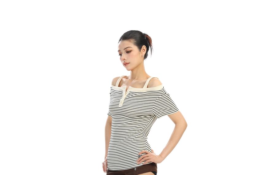 Cold Shoulder Striped Slim-Fit Short-Sleeve Tee