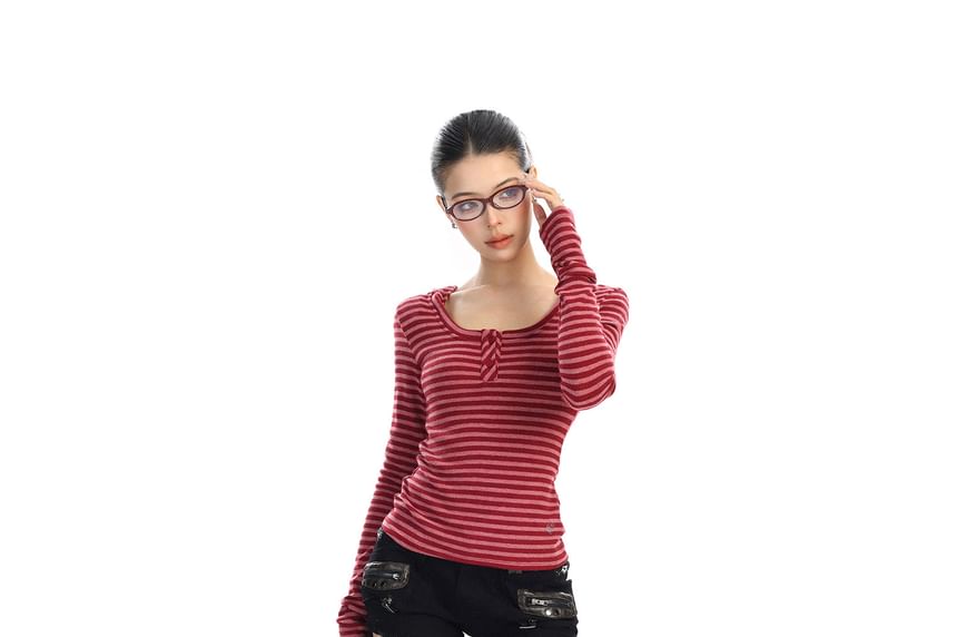 Striped Scoop Neck Slim-Fit Long-Sleeve Tee