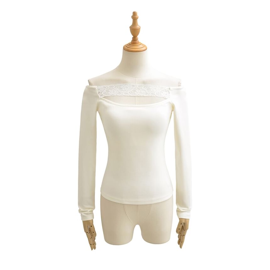 Off-Shoulder Lace Cutout Slim Fit Crop Tee Long Sleeve