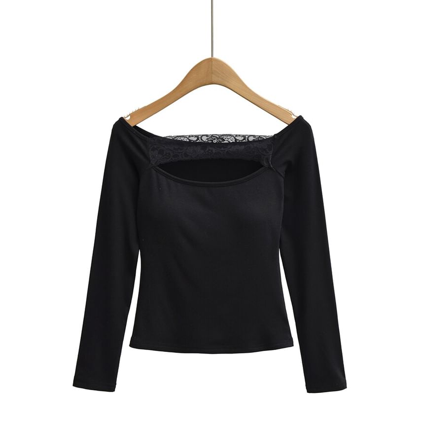 Off-Shoulder Lace Cutout Slim Fit Crop Tee Long Sleeve