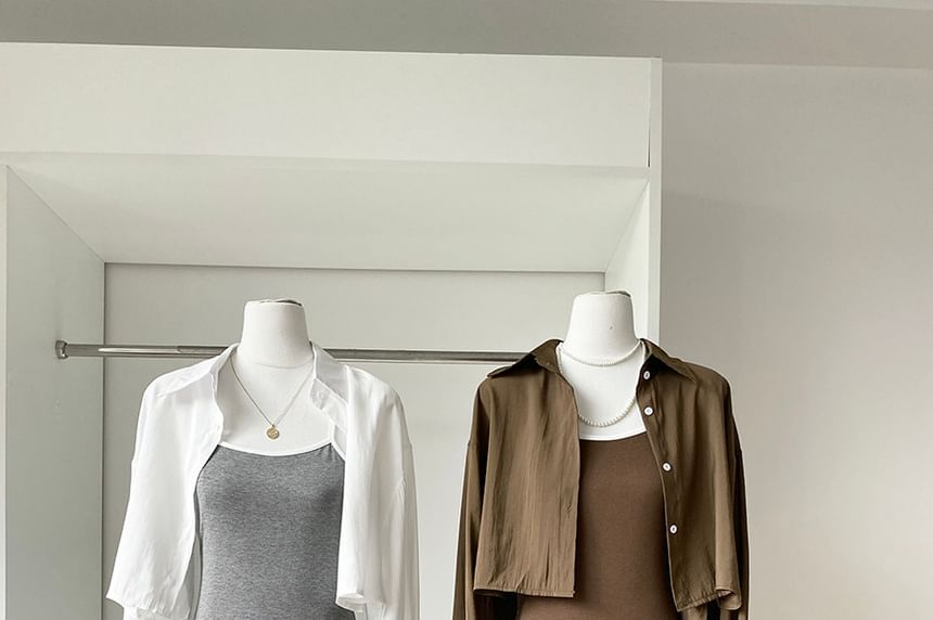 Set: Long-Sleeve Button-Up Plain Crop Shirt + Spaghetti Strap Contrast Trim Maxi Mermaid Dress
