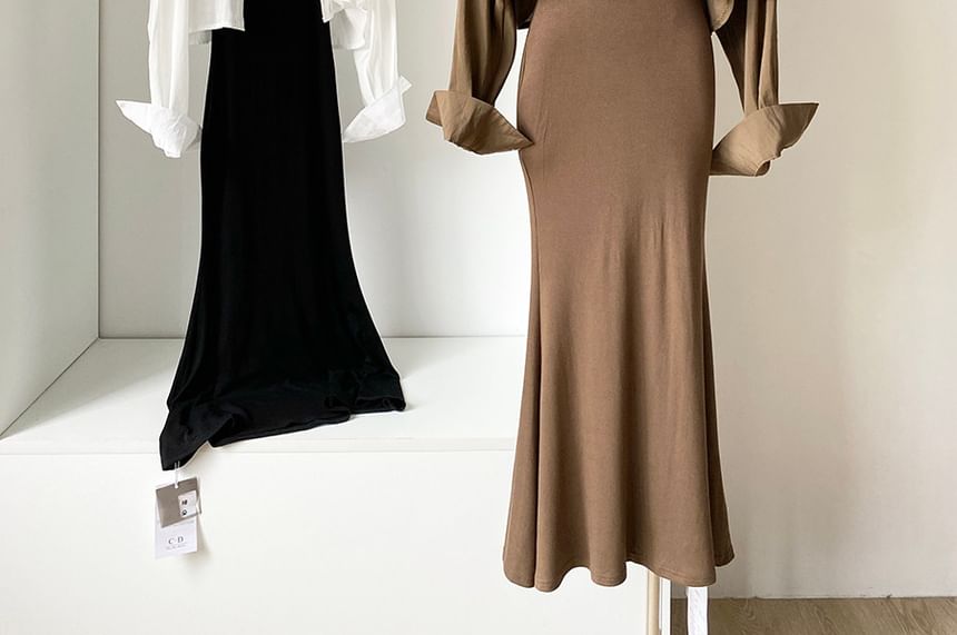 Set: Long-Sleeve Button-Up Plain Crop Shirt + Spaghetti Strap Contrast Trim Maxi Mermaid Dress