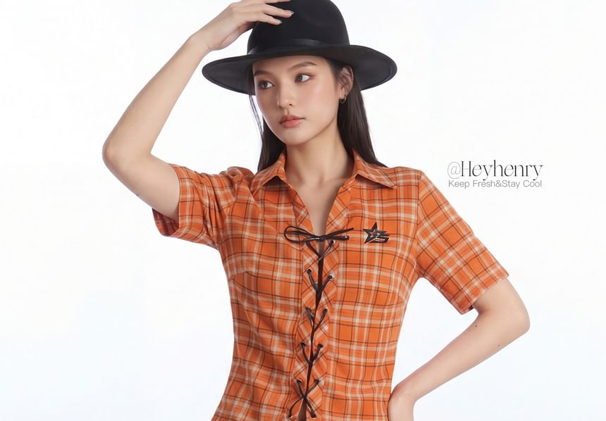 Plaid Collared Lace-Up Short Sleeve Shirt