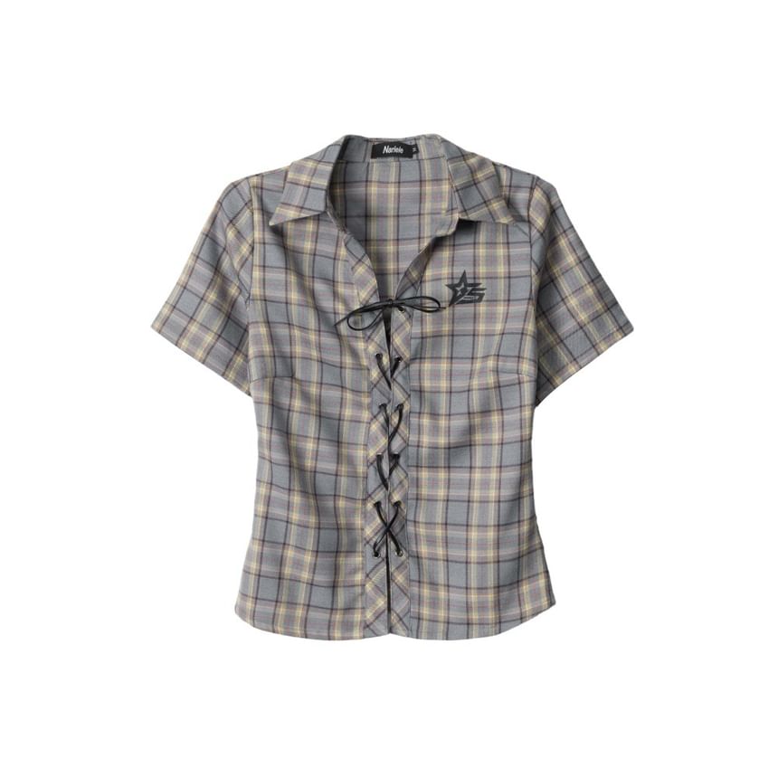 Collared Plaid Lace Up Shirt Short Sleeve