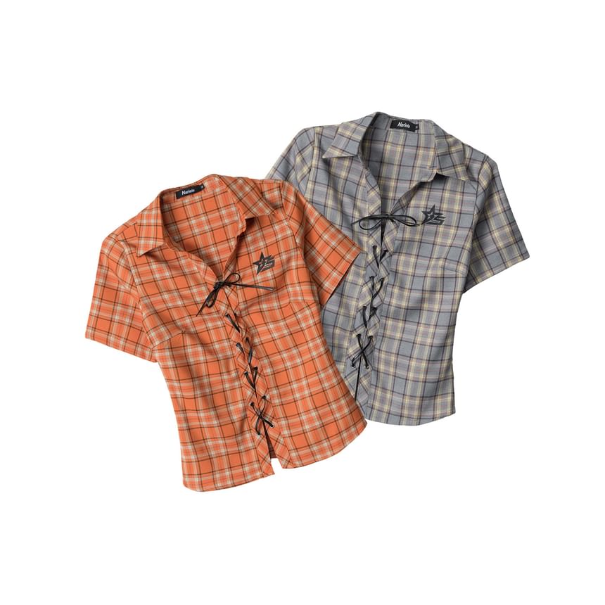 Plaid Collared Lace-Up Short Sleeve Shirt