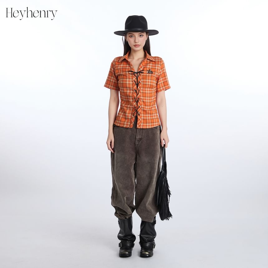 Plaid Collared Lace-Up Short Sleeve Shirt