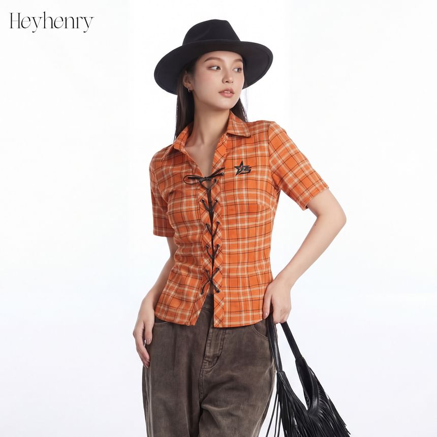 Plaid Collared Lace-Up Short Sleeve Shirt