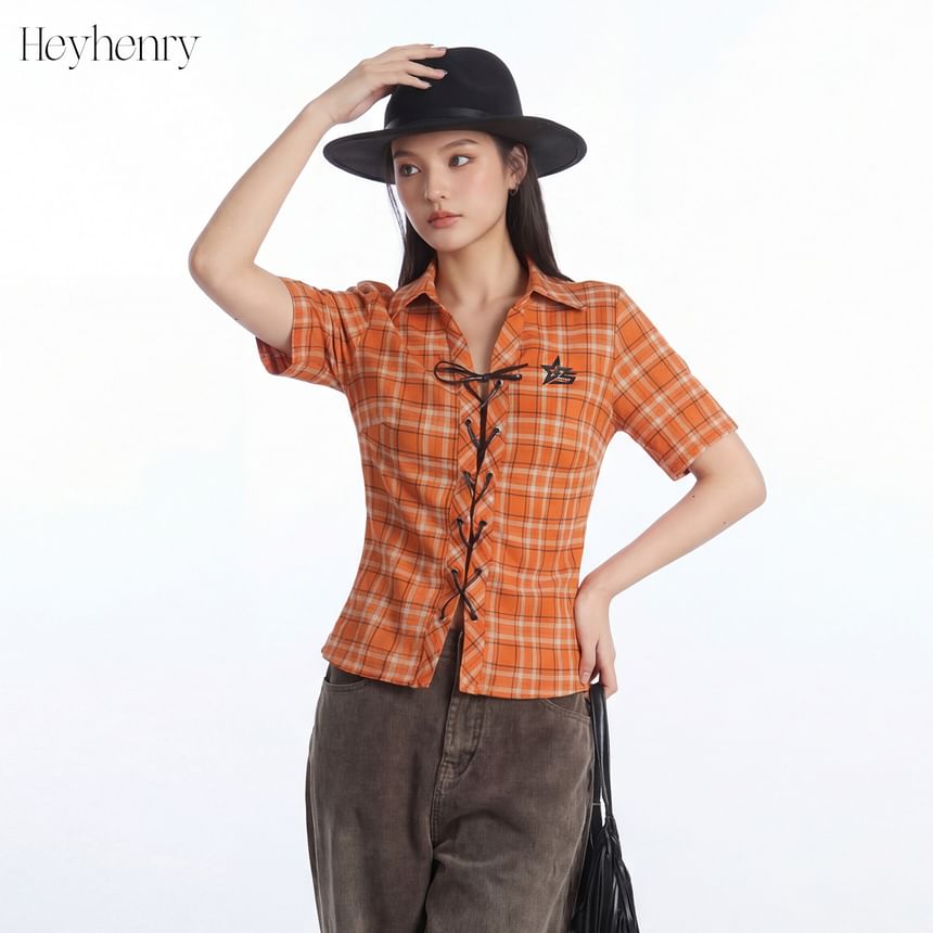 Collared Plaid Lace Up Shirt Short Sleeve