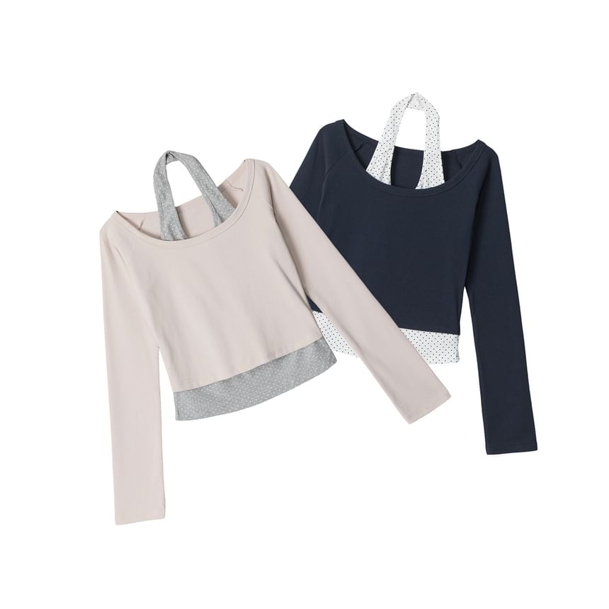 Halter Dotted Two-Piece Long Sleeve Top