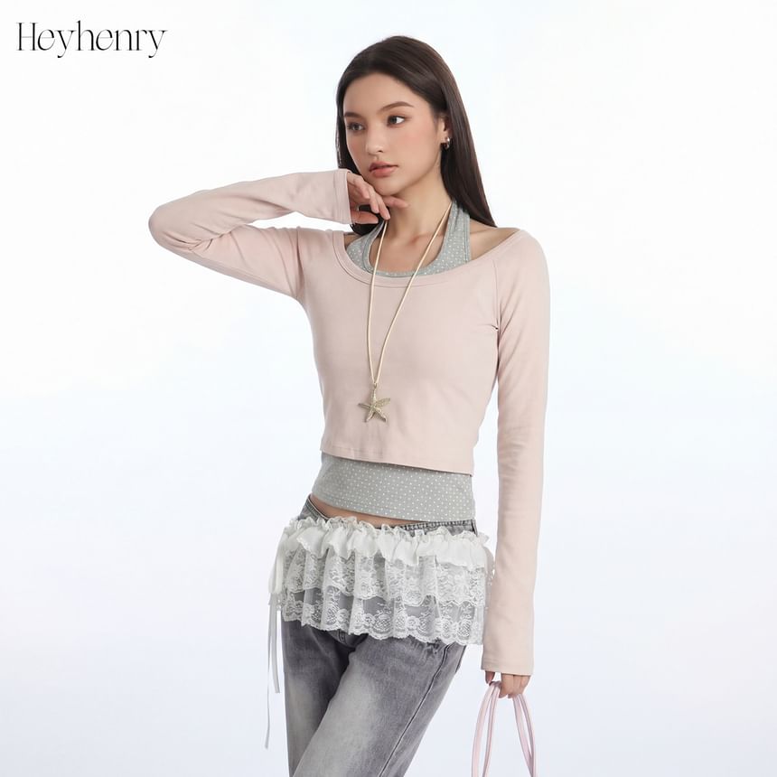 Halter Dotted Two-Piece Long Sleeve Top