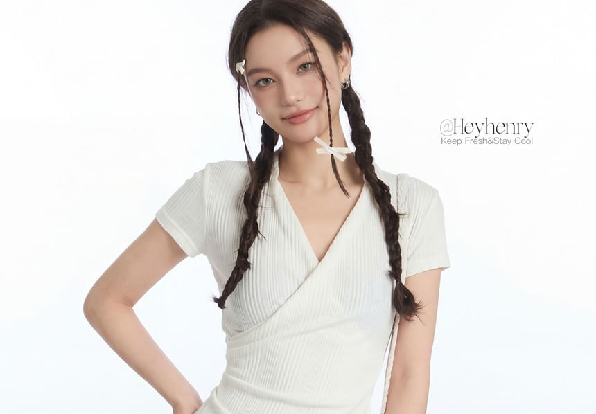 Ribbed V-Neck Wrap Top with Short Sleeves