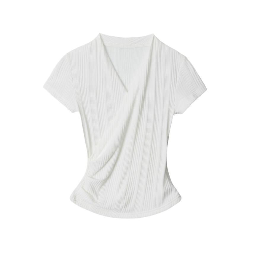 Ribbed V-Neck Wrap Top with Short Sleeves