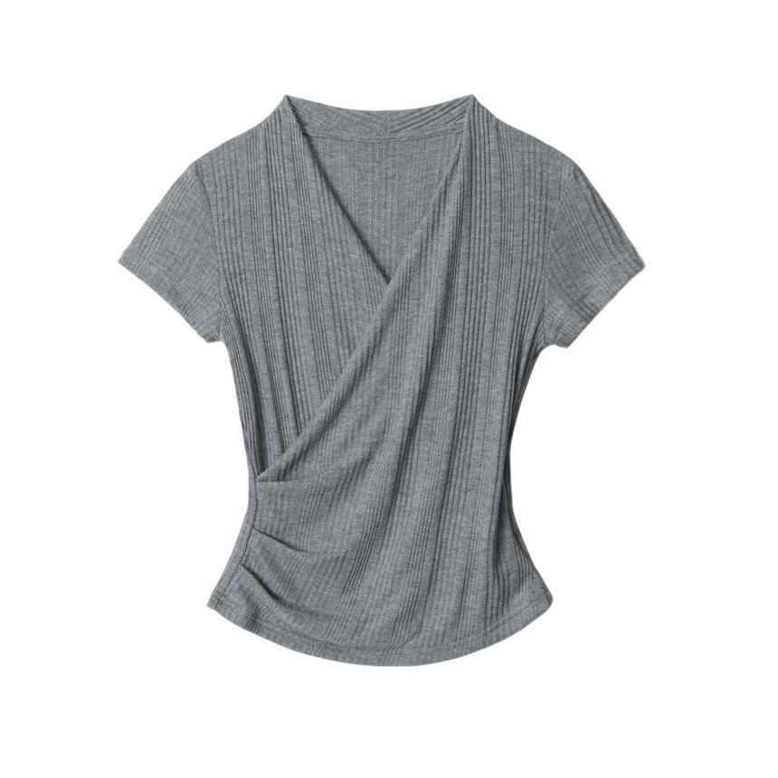 Ribbed V-Neck Wrap Top with Short Sleeves
