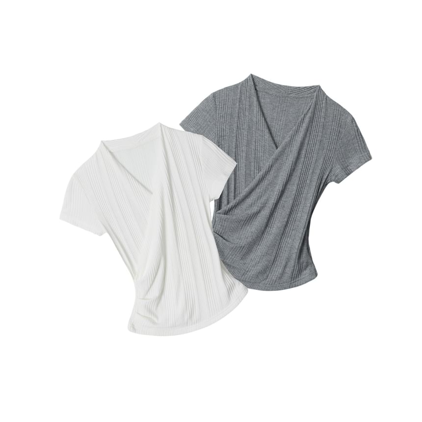 Ribbed V-Neck Wrap Top with Short Sleeves