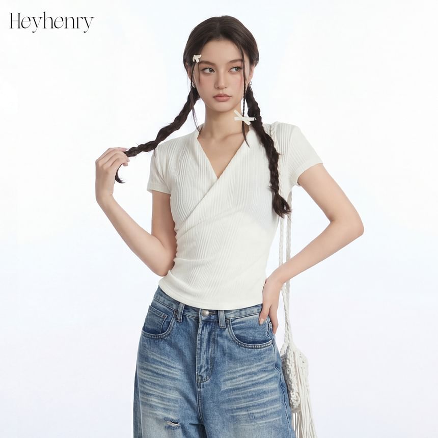 Ribbed V-Neck Wrap Top with Short Sleeves