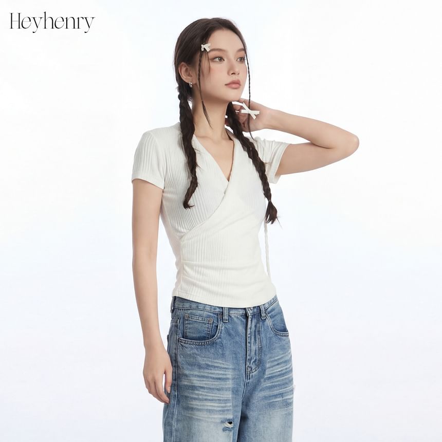 Ribbed V-Neck Wrap Top with Short Sleeves