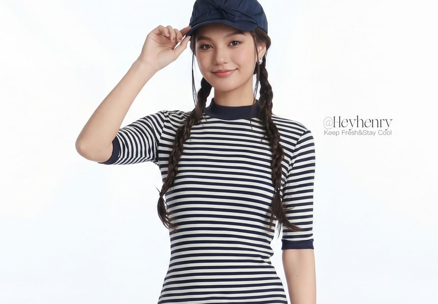 Breton Striped Mock Neck Knit Top with Elbow Sleeves