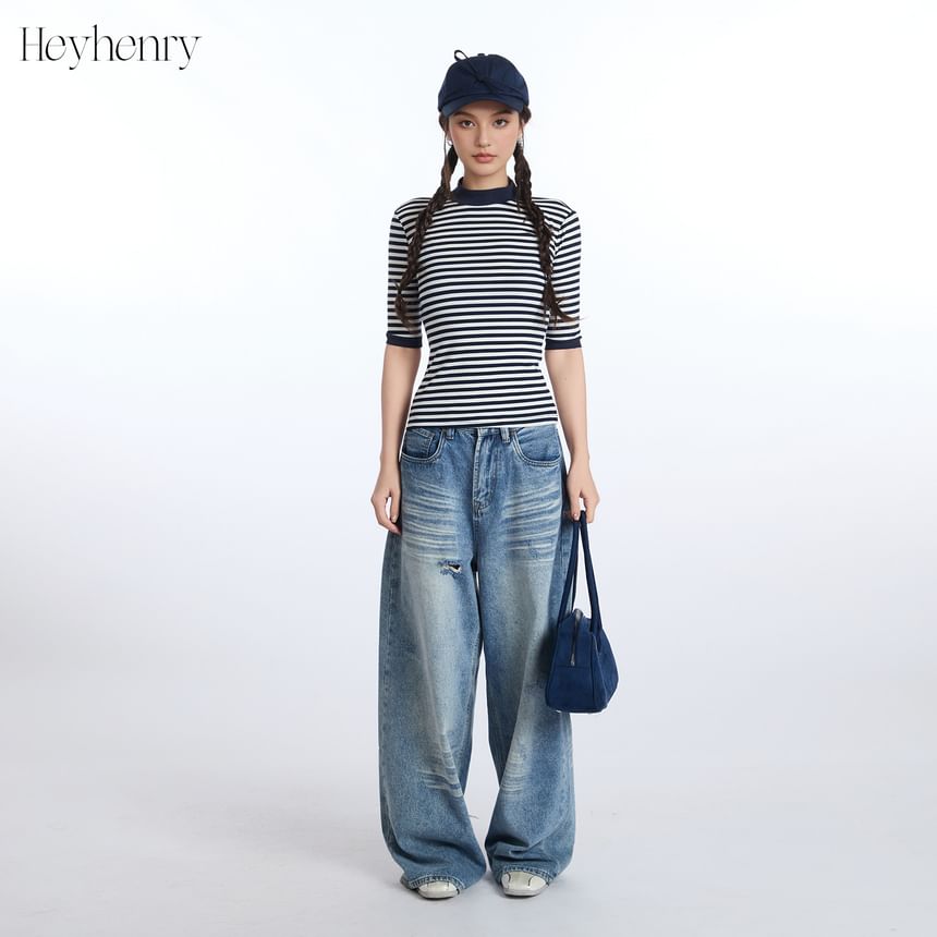 Breton Striped Mock Neck Knit Top with Elbow Sleeves