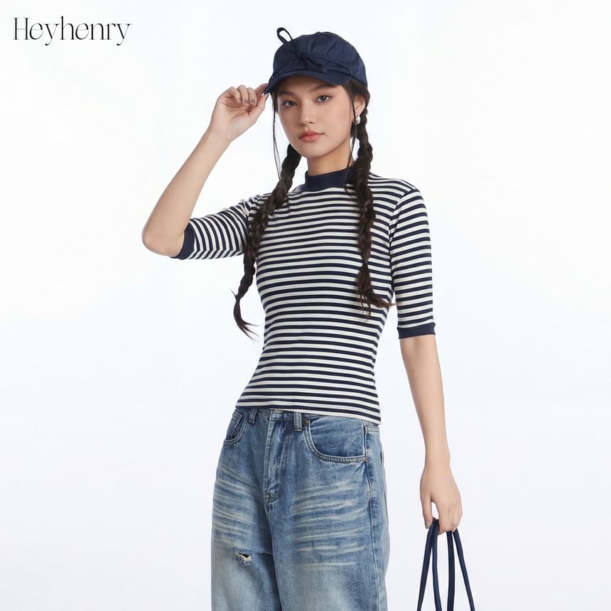 Breton Striped Mock Neck Knit Top with Elbow Sleeves