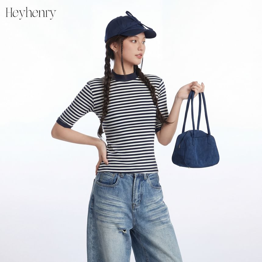 Breton Striped Mock Neck Knit Top with Elbow Sleeves