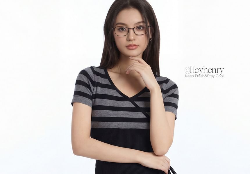 Striped Wrap Knit Top with V-Neck and Short Sleeves