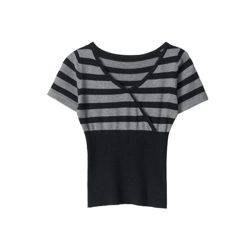 Striped Wrap Knit Top with V-Neck and Short Sleeves