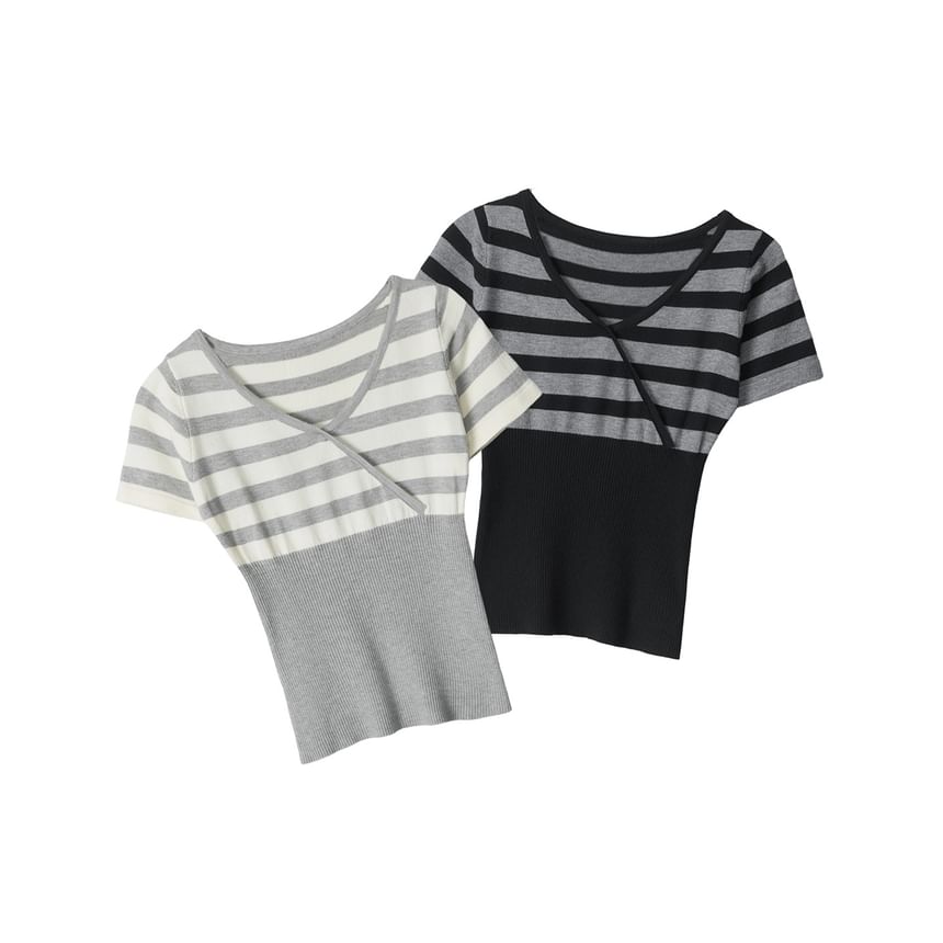 Striped Wrap Knit Top with V-Neck and Short Sleeves