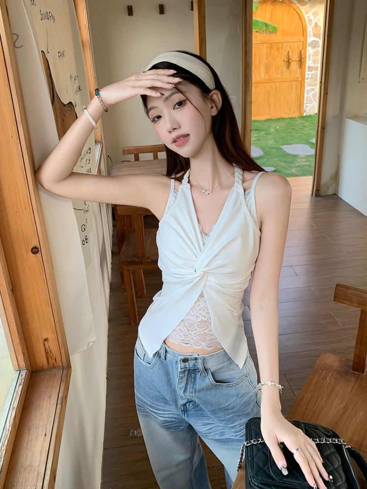 Halter V-Neck Lace Panel Ruched Open Back Crop Top
