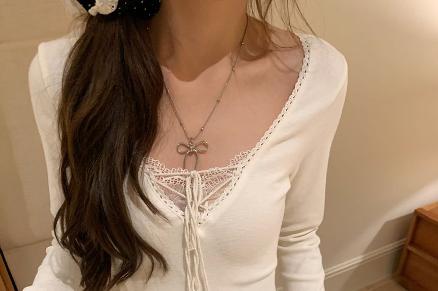 V-Neck Lace Up Panel Top Long Sleeve