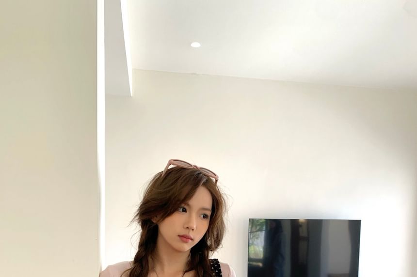 Lace-Up Panel V-Neck Long Sleeve Lace Top