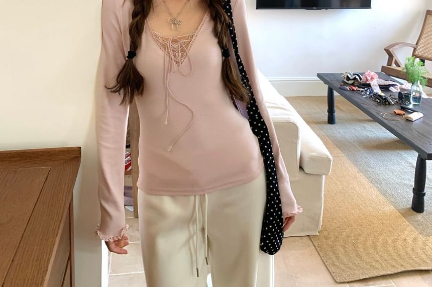 Lace-Up Panel V-Neck Long Sleeve Lace Top