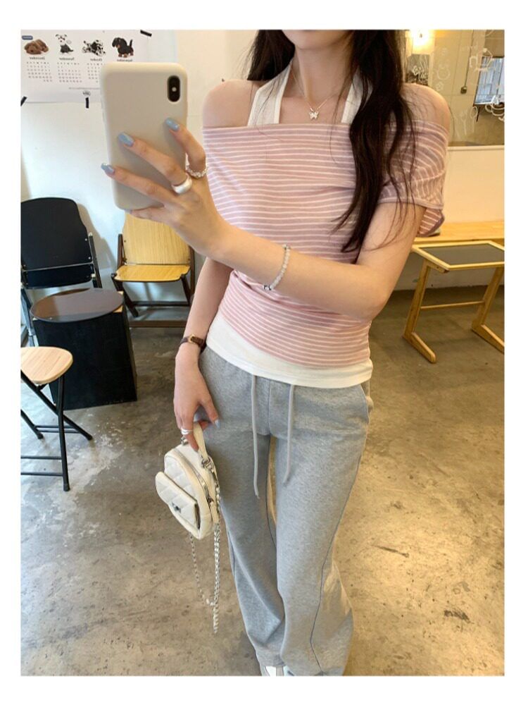 Halter Striped Two-Piece Short Sleeve Top
