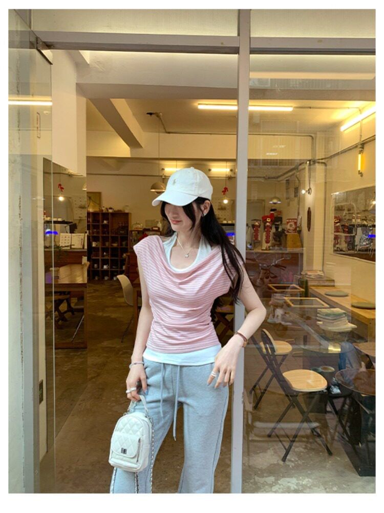 Halter Striped Two-Piece Short Sleeve Top